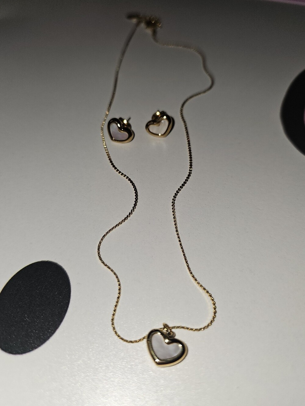 Heart Shape Mother Of Pearl W 18k PVD Necklace & Earring Dainty Set New